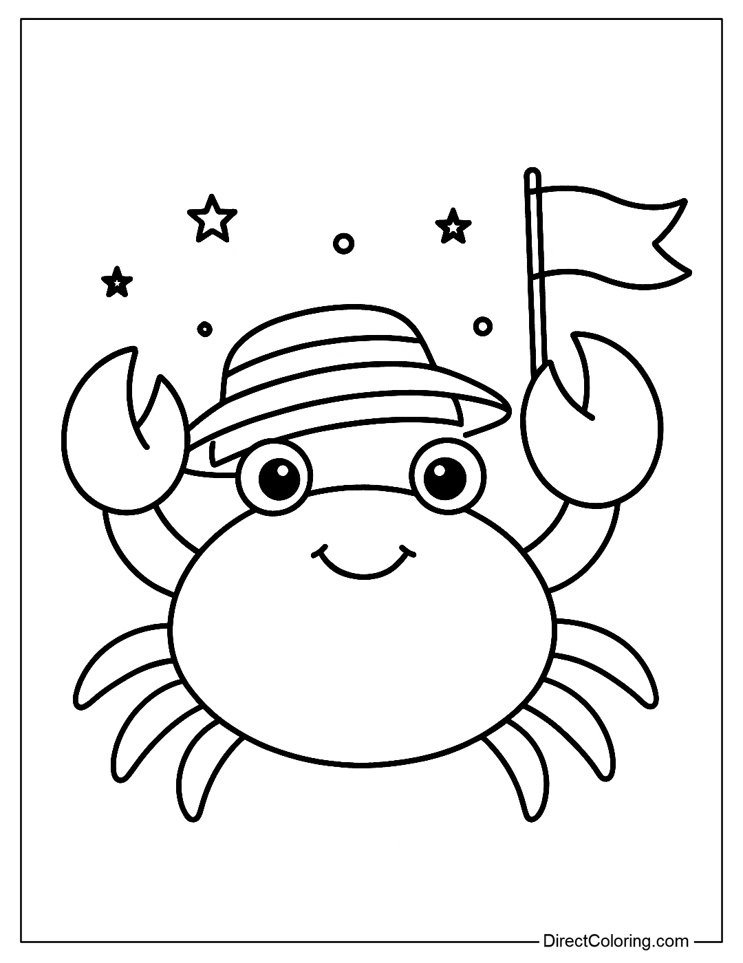A cute crab coloring page with a summer hat and a small flag, representing the beach holiday season.